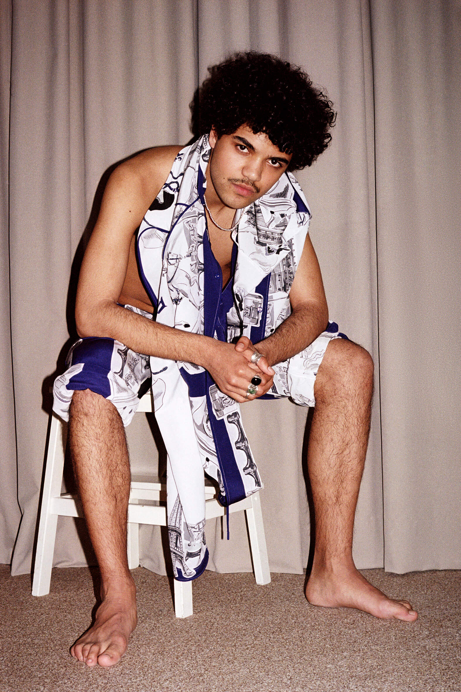 MASSES Magazine No. 12 – Aux Armes et Cætera, Photography by Matthias Vriens – Nassim Guizani wearing Louis Vuitton by Virgil Abloh Autumn/Winter 2019 silk pyjamas — 2019